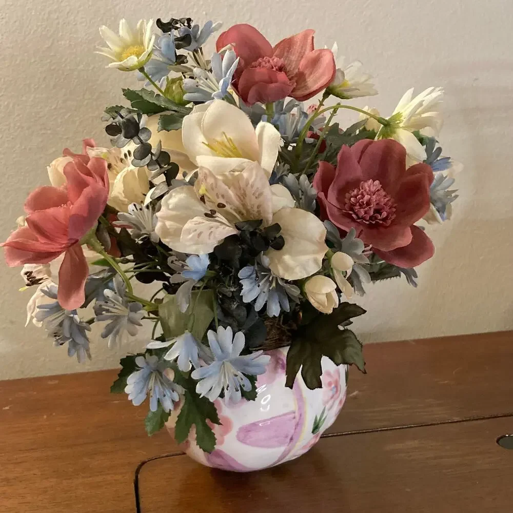 Vintage 90s Shabby Chic Silk Wildflowers in Ceramic Easter Egg-Shaped Vase EUC